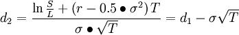 说明: d_2= \frac { \ln \frac{S}{L} + \left( r-0.5\bullet \sigma^2 \right)T}{\sigma\bullet \sqrt{T}}=d_1-\sigma\sqrt{T}